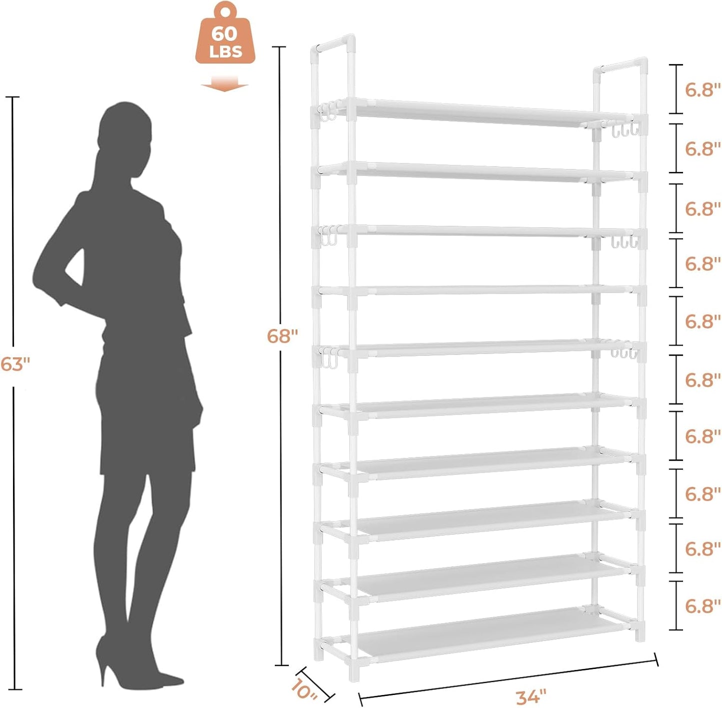 LANTEFUL 10 Tiers Tall Shoe Rack 20-25 Pairs Boots Organizer Storage Sturdy Narrow Shoe Shelf for Entryway, Closets with Hooks, Black