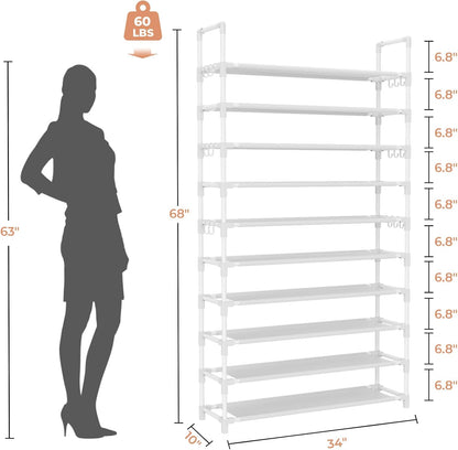 LANTEFUL 10 Tiers Tall Shoe Rack 20-25 Pairs Boots Organizer Storage Sturdy Narrow Shoe Shelf for Entryway, Closets with Hooks, Black