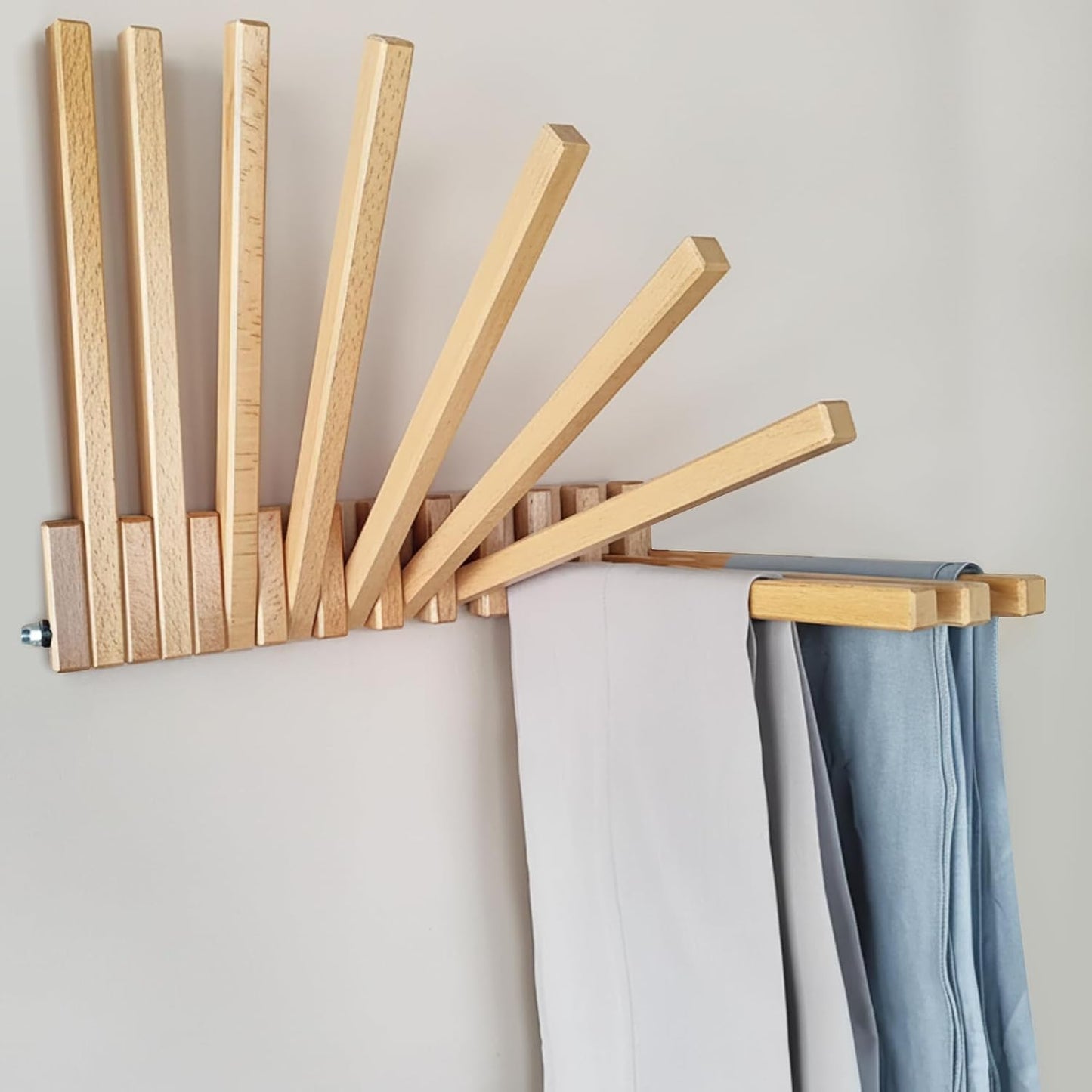 Domensi Beech Wood Wall Mounted Drying Rack for Laundry Room with 10 Mount Folding Coat Hooks Racks Drying Hanger for Bathroom Hat Towels Robes Rack Saving Space (Wood Color)