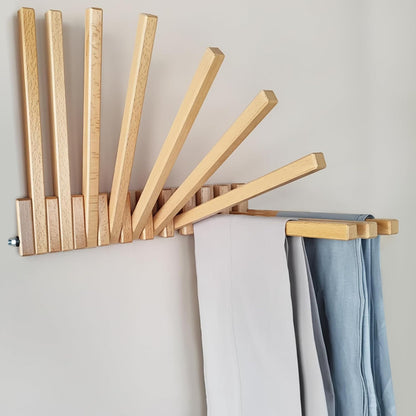 Domensi Beech Wood Wall Mounted Drying Rack for Laundry Room with 10 Mount Folding Coat Hooks Racks Drying Hanger for Bathroom Hat Towels Robes Rack Saving Space (Wood Color)