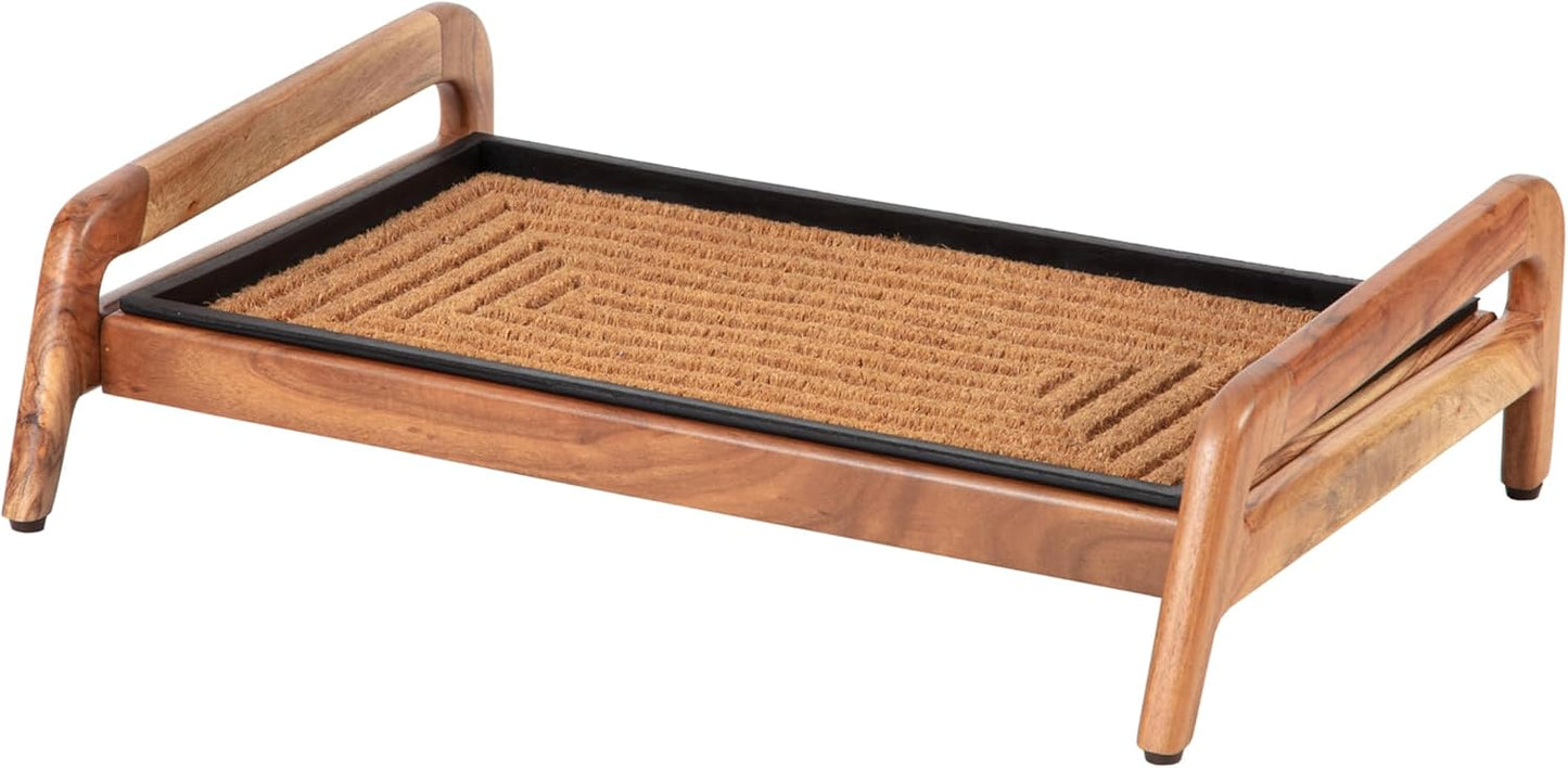 Anji Mountain Heavy Duty Waterproof Wooden Shoe Storage Mat Organizer/Boot Storage Tray Multi Use for Entryway with Coir, Tan Rectangle Embossed Insert, 1 Tier, Fits 2 Pair (26.5" Wide)