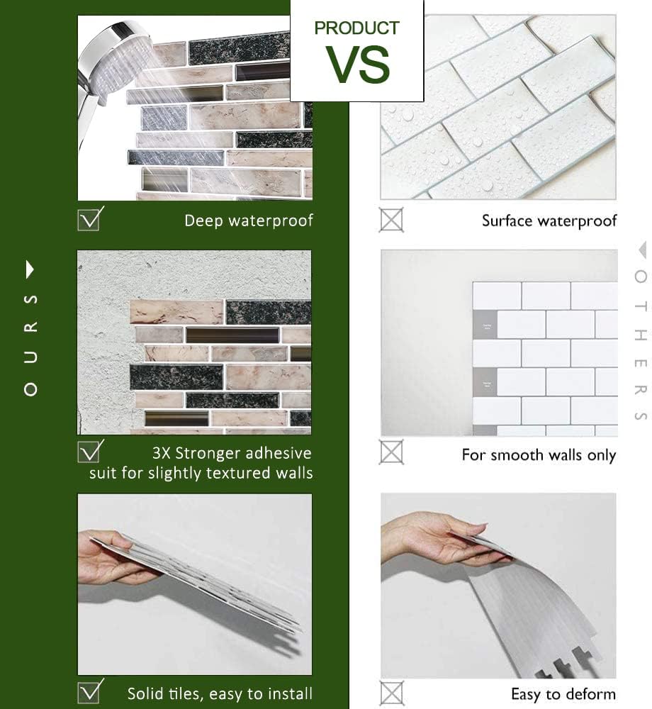 STICKGOO Thicker Design Peel and Stick Tile Backsplash, 12”×12” Stick on Backsplash for Kitchen, Self Adhesive Tile Stickers for Kitchen Backsplash and Bathroom(10 Sheets, Vintage Stone)