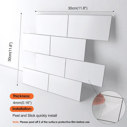 10- Sheet Polished White Peel and Stick Backsplash, 12’’Luxury PVC Ceramic Look Self Stick Subway Tiles, Waterproof Peel and Stick Wall Tiles for Kitchen and Bathrrom
