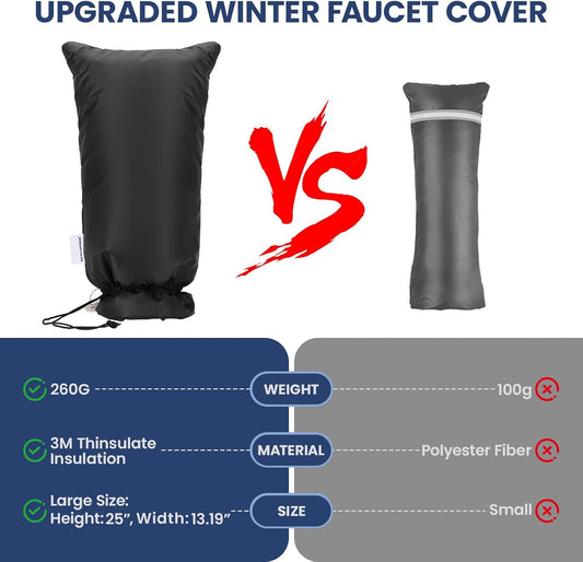 MEASUREMAN Outdoor Faucet Cover for Winter Freeze Protection 25”H x 13.19”W 3M Thinsulate Insulation Waterproof & Frost-Proof Insulated Hose Bibb Spigot Black Sock 420D Oxford Fabric Reusable