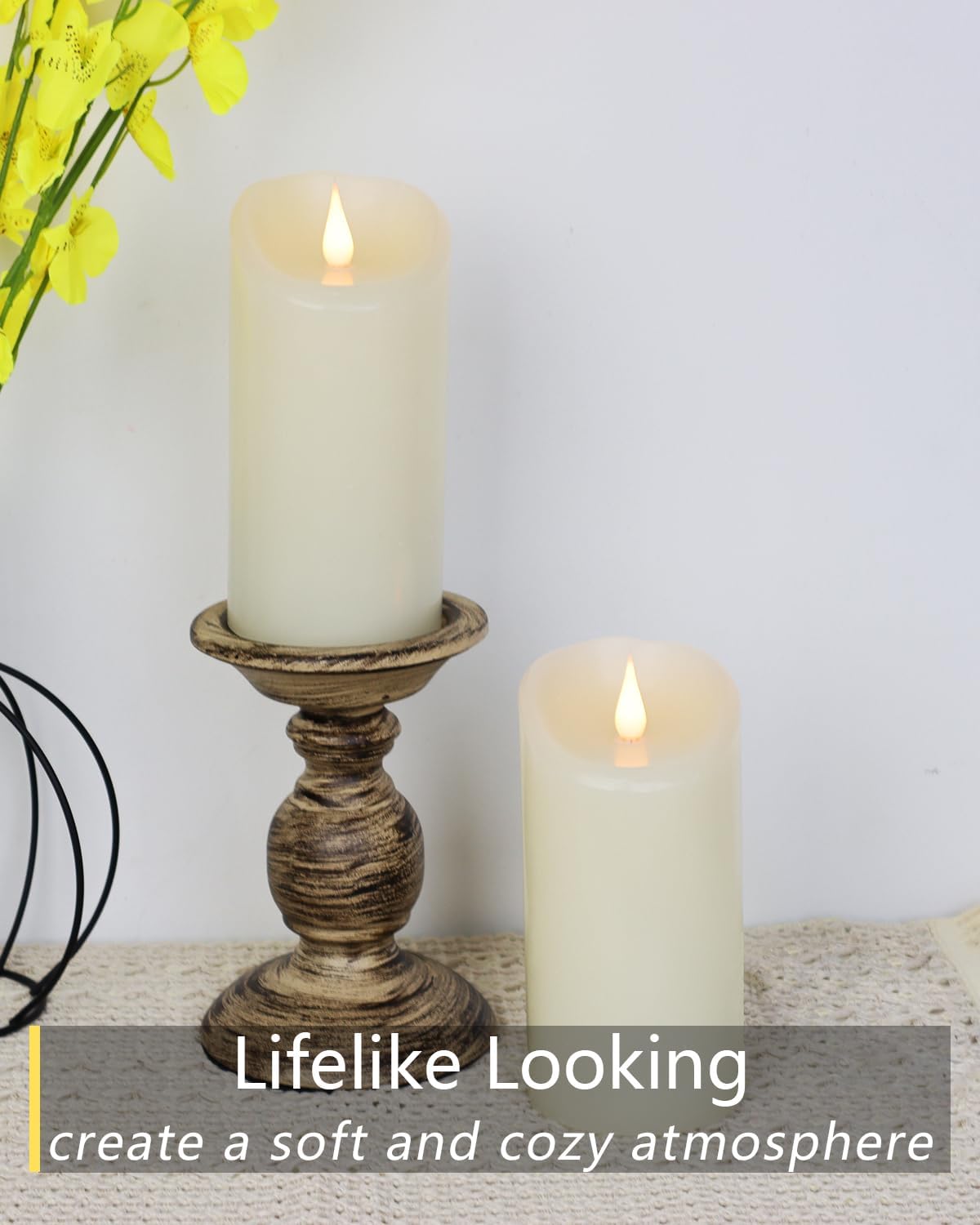 TECHLONG Flameless Candles with Remote Timer, 3D Moving Flickering Flame Battery Operated Candles Lasting 1000+ Hours, 3" x 5" Ivory Real Wax Electric LED Pillar Candles, Set of 2