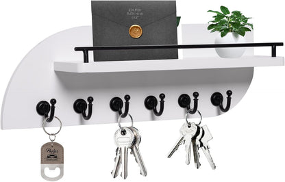 Key Holder for Wall, Decorative Key and Mail Organizer with 6 Sturdy Metal Hooks and Floating Shelf, 14 Inches Wood Wall Mounted Key Rack for Entryway, White and Gold