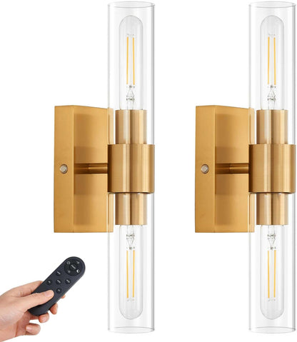 SANTOSTOCK Gold Battery Operated Wall Sconce Set of 2, 12000mAh Rechargeable Wall Lights with Remote Control, Wireless Dimmable Wall Lamps for Bedroom Living Room Bathroom Hallway Stairwell