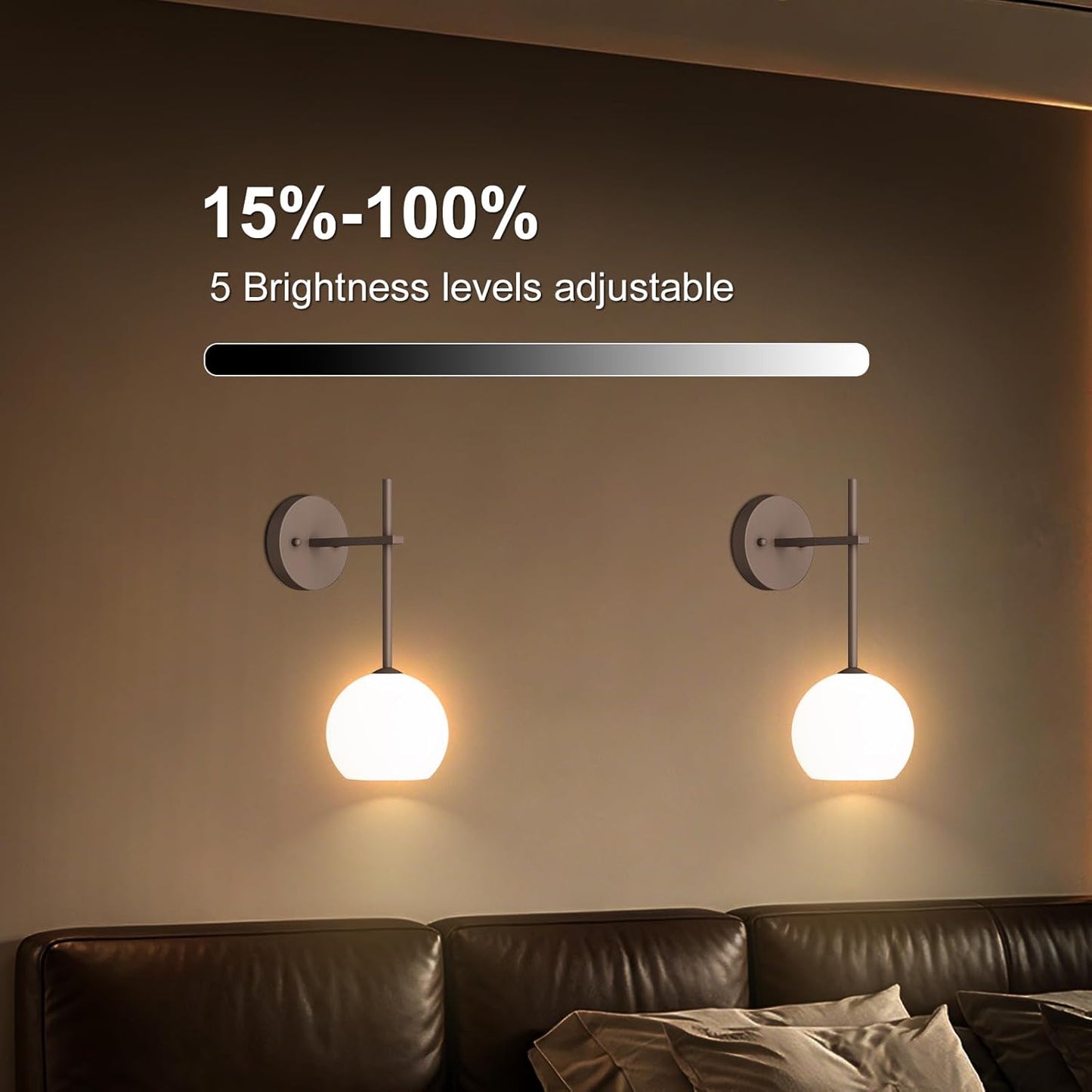 Brass Battery Operated Wall Sconces Set of 2, Rechargeable Wireless Wall Lights with Milky White Frosted Glass, 12 RGB and 3CCT Dimmable, Wall Lamps with Remote for Bedroom Living Room Hallway