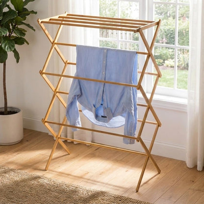 Household Essentials X-Frame Clothes Drying Rack, Stabile Wood Frame with Slanted Feet, Smooth Vinyl Wrapped Rods, 23.8 Feet of Hanging Space, Ready to Assemble, Flat Top, Natural