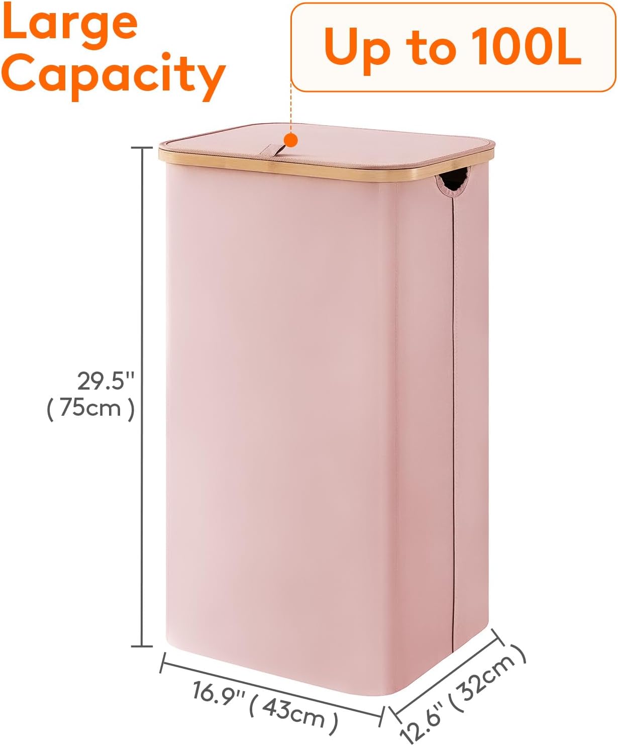 Lifewit 120L Laundry Basket with Lid, Clothes Hampers for Laundry with Bamboo Handles and 2 Removable Bag, Large Foldable Laundry Hamper for Bedroom, Bathroom, Dorm, Laundry Room, Beige