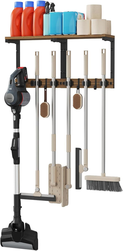 Broom and Mop Holder Wall Mount, 27" Large Organizer with Wood Shelf | Vacuum Holder, 5 Heavy-Duty Grippers, 5 Movable Metal Hooks for Laundry Room, Garage and Utility Closet Organization