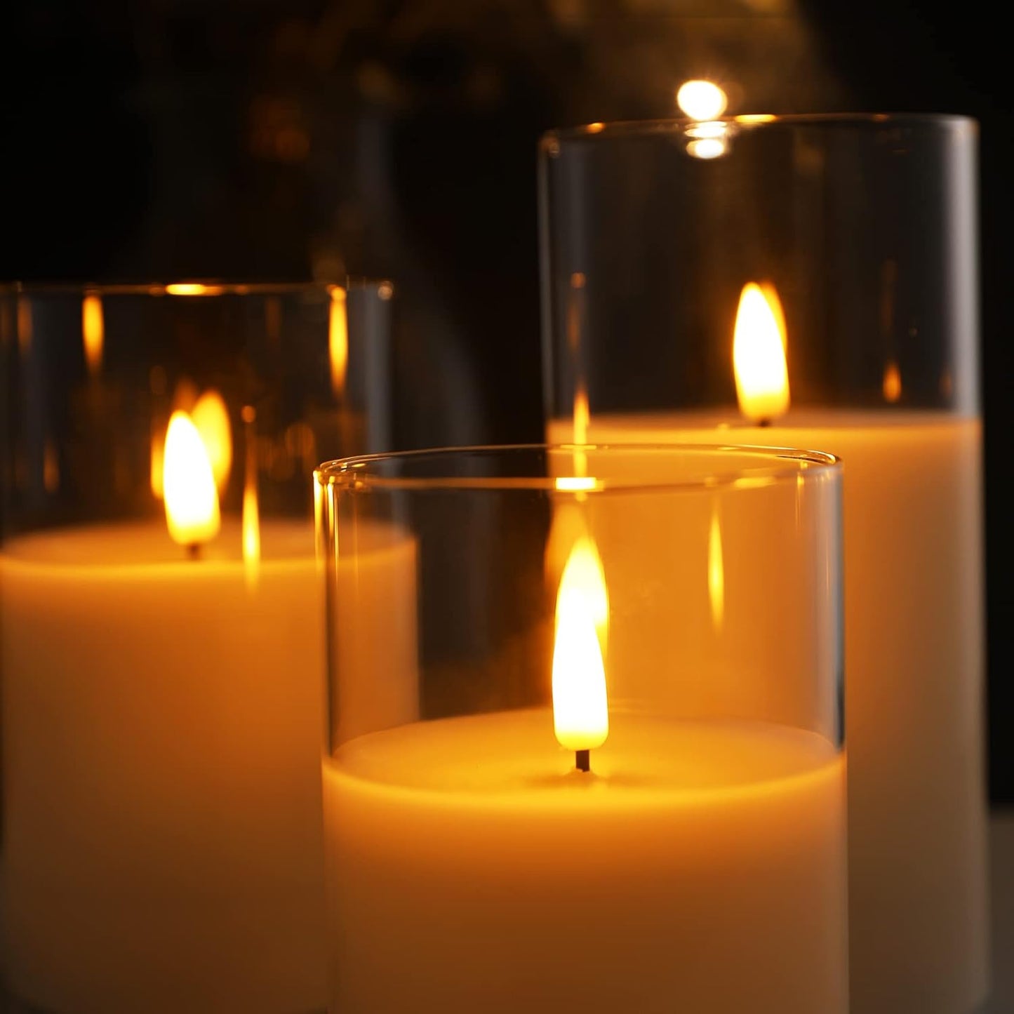 Eywamage Gold Glass Flameless Pillar Candles with Remote, Flickering Christmas LED Candles Battery Operated Set of 3
