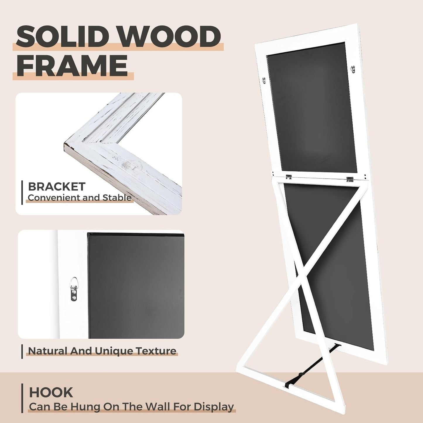 65"x22" Full Length Mirror Solid Wood Frame Floor Mirror with Stand for Living Room, Bedroom Hanging Standing or Leaning, Brown