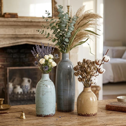 Ceramic Vase Set of 3, Small Flower Neutral Vases Home Decor, Pottery Rustic Farmhouse Decorative Vases, Modern Decor for Table Mantel Entryway Bookshelf Living Room Kitchen Bedroom