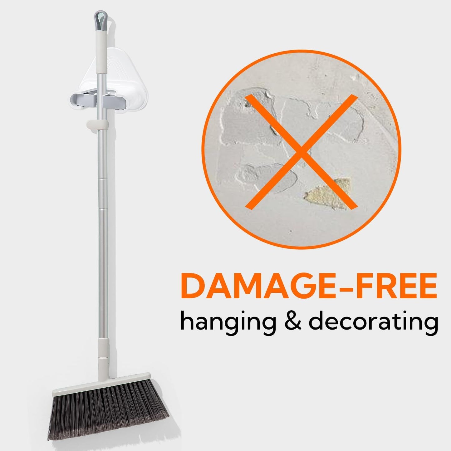 hookay 10lbs Broom and Mop Grippers, Damage-Free Hanging Wall Mount Broom Holder, No Tools Removable Hanging Organizer for home organization, Holds up to 10 lb, 2 Hangers and 6 Adhesive Strips