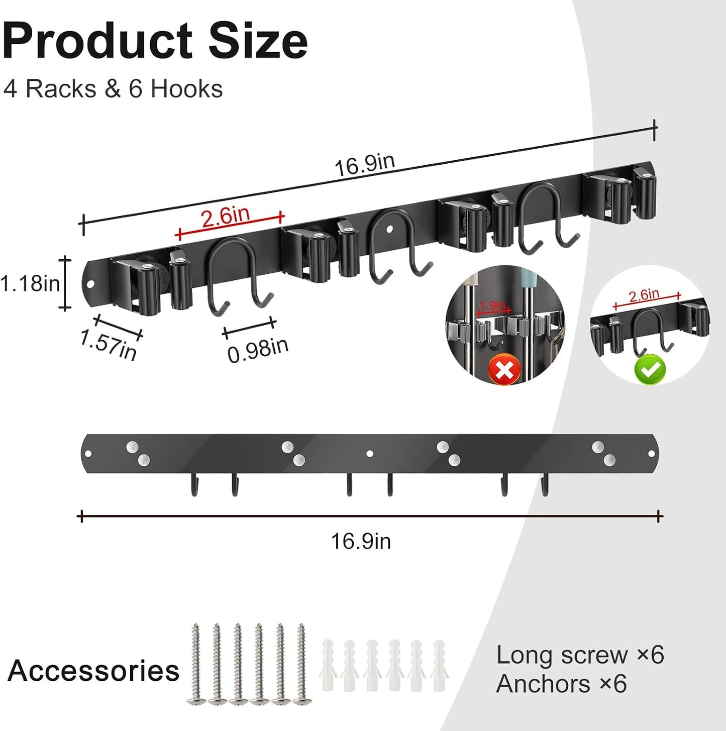 Broom Holder Wall Mount, Stainless Steel Mop Hanger with 4 Slots 6 Hooks, Tool Storage Wall Organizer for Kitchen Garden Garage Laundry Room Bathroom and RV, Black 1-Pack