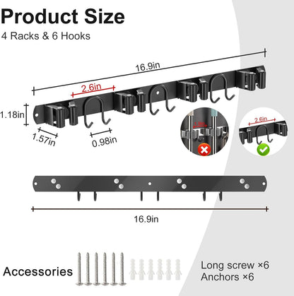 Broom Holder Wall Mount, Stainless Steel Mop Hanger with 4 Slots 6 Hooks, Tool Storage Wall Organizer for Kitchen Garden Garage Laundry Room Bathroom and RV, Black 1-Pack