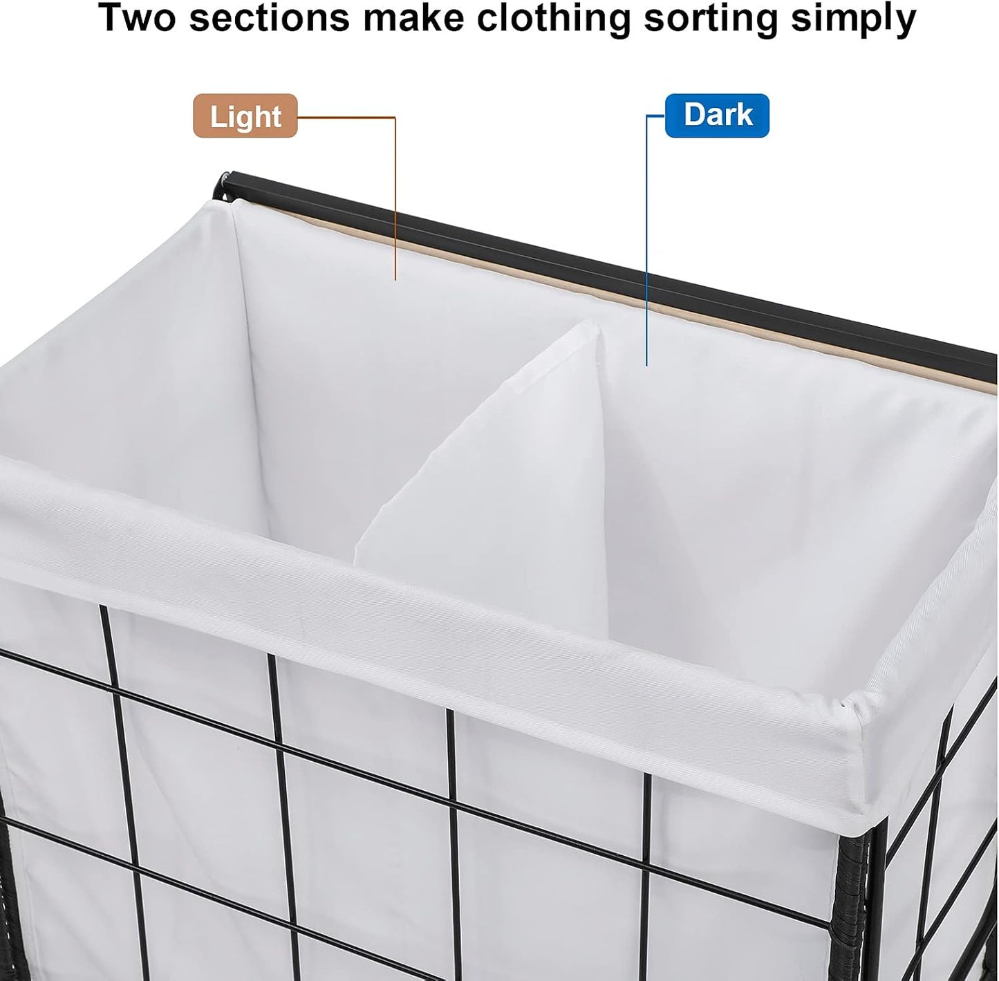 Laundry Hamper with Heavy Duty Caster Wheels; 3 Sections Clothes Hamper with Lid; 132L Laundry Basket with Removable Liner Bag; Laundry Sorter with Metal Handle (White)