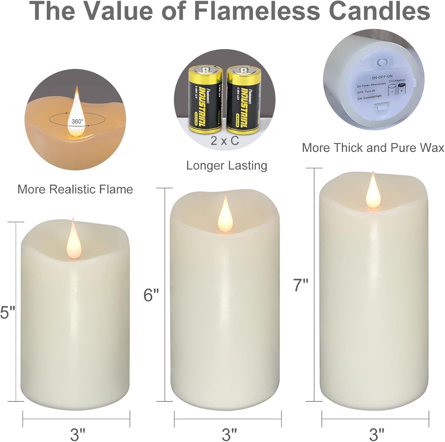 TECHLONG Flameless Candles Battery Operated with Remote Timer, 3D Moving Flame Flickering, Last 600+ Hours Battery Candles, 3" x 3" Ivory Real Wax Electric LED Candle for Wedding Party, Set of 2