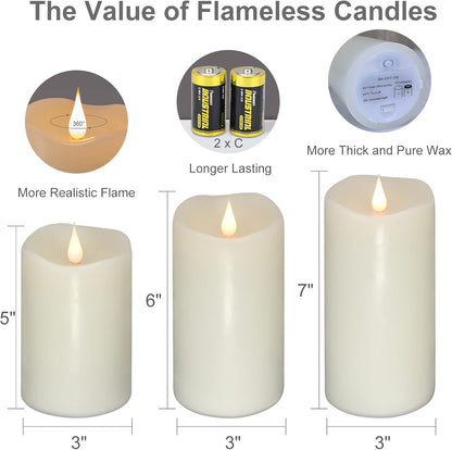 TECHLONG Flameless Candles Battery Operated with Remote Timer, 3D Moving Flame Flickering, Last 600+ Hours Battery Candles, 3" x 3" Ivory Real Wax Electric LED Candle for Wedding Party, Set of 2