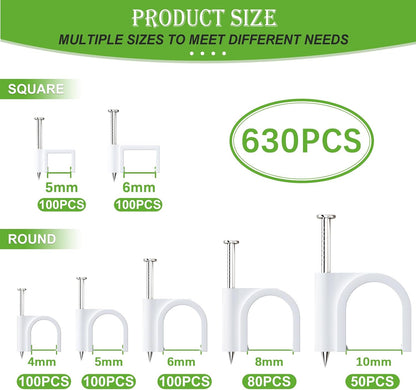 mxuteuk 630PCS Cable Clips with Steel Nails,4/5/6/8/10mm Round and 5/6mm Square White Cable Wire Clips,Wall Clips for Cords,Cable Cord Clips for RG6 RG59 CAT6 RJ45