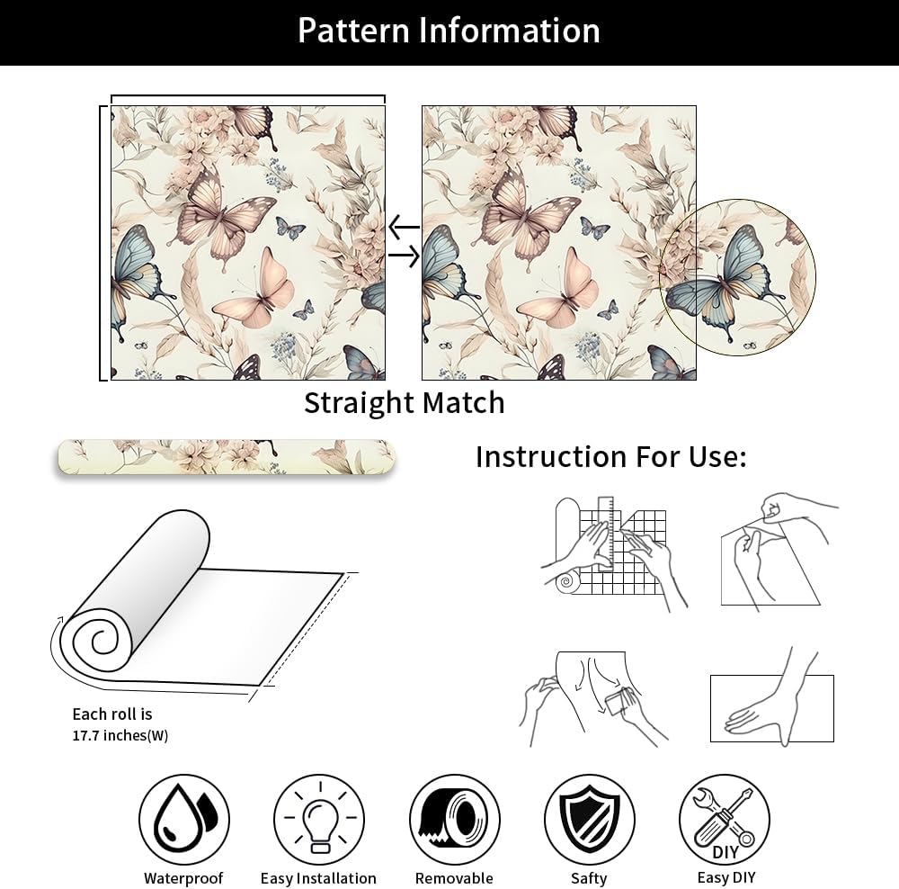MuralPeel White/Pink/Gold Floral Garden Black Blue Flowers Vintage Peel and Stick Wallpaper Self Adhesive Removable Easy Peel Off Contact Paper Stick on Wall Paper for Bedroom Cabinet Renter Friendly
