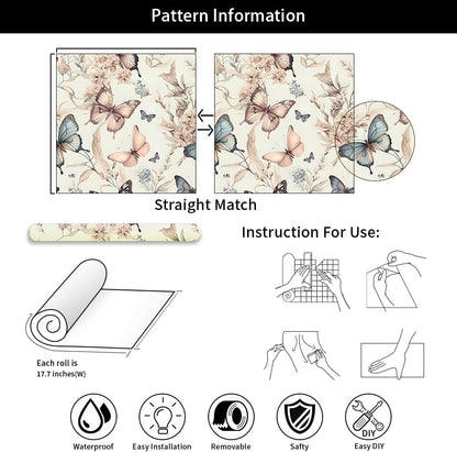 MuralPeel White/Pink/Gold Floral Garden Black Blue Flowers Vintage Peel and Stick Wallpaper Self Adhesive Removable Easy Peel Off Contact Paper Stick on Wall Paper for Bedroom Cabinet Renter Friendly