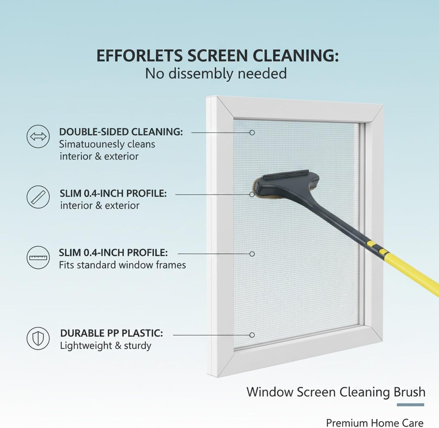 Double-Sided Window Screen Cleaning Brush, Slim 0.4-Inch Profile for Interior & Exterior Care, Durable PP Plastic Tool for Fixed Frames (Green, 1 Pack)