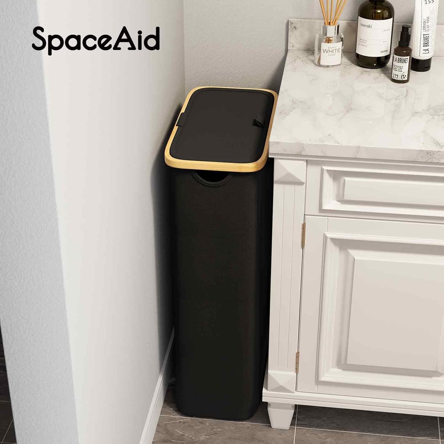 SpaceAid Double Laundry Hamper 2 Section with Lid and Removable Laundry Bags, 160L Clothes Basket with Bamboo Handles, Large Collapsible Hamper for Bedroom, Bathroom, Dorm, Laundry Room - White