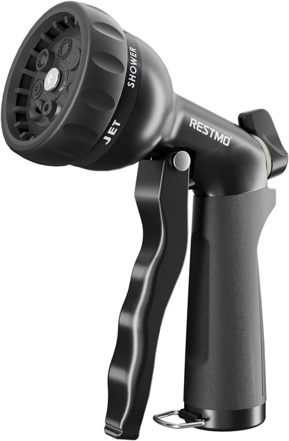 RESTMO Garden Hose Nozzle, Heavy Duty Metal Water Hose Nozzle with 7 Adjustable Spray Patterns, High Pressure Hand Sprayer with Flow Control for Watering Plants & Lawns, Washing Cars & Pets