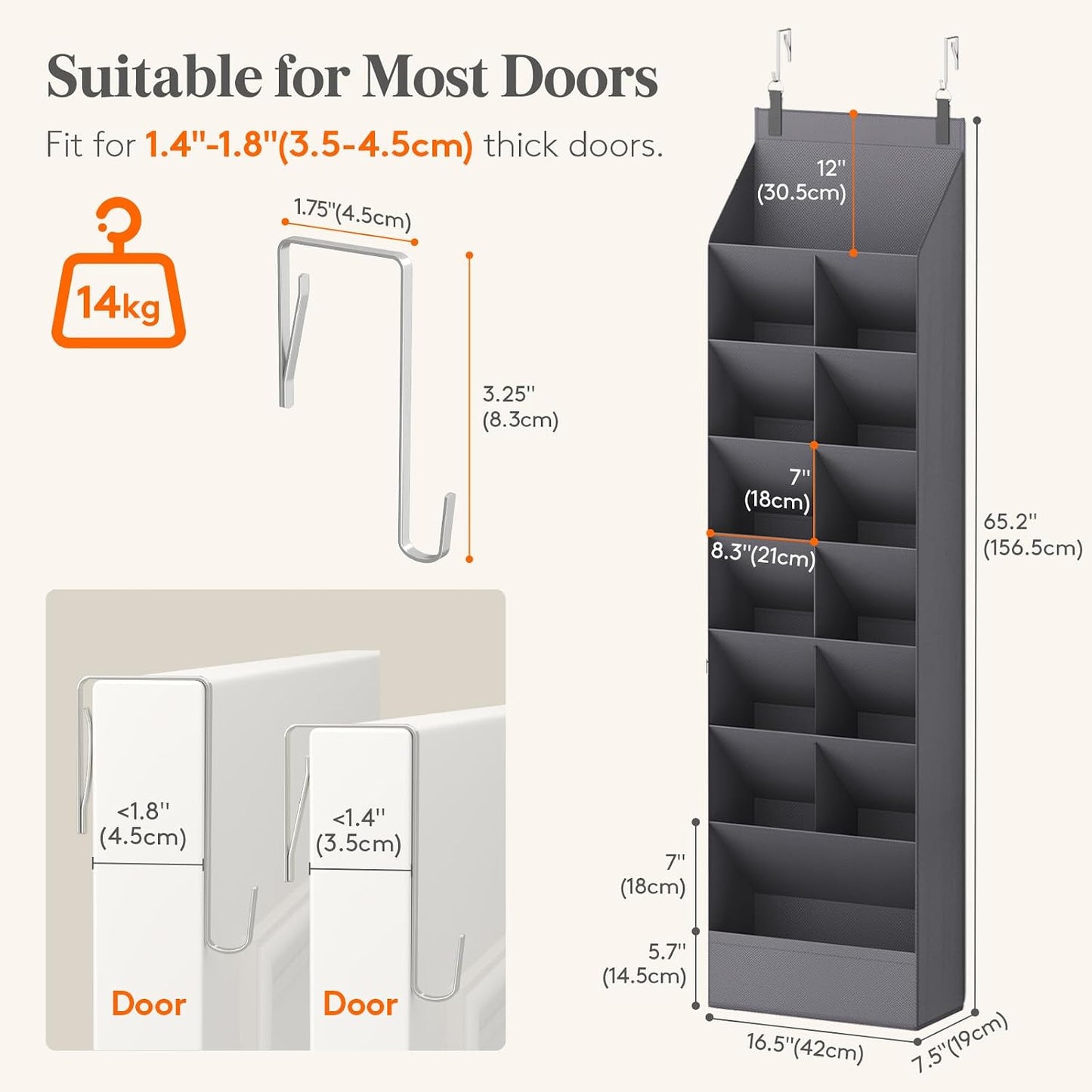Lifewit 6 Tier Over the Door Shoe Organizer with 11 Large Deep Pockets, Fabric Hanging Shoes Shelf for Closet, Dorm Storage, Fit Up to 12 Pair Shoe Rack Holder for Sneakers, Boots, Gray
