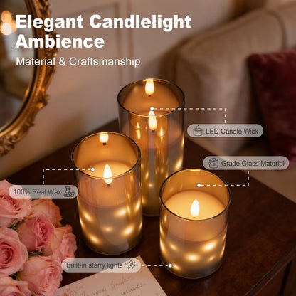 LEDHOLYT Rechargeable Flameless Glass Pillar Candles–Gifts for Women,–Set of 3, Realistic Flickering LED Light,Remote & Timer, Ideal for Living Room, Bedroom & Festival Wedding Home Party Decor