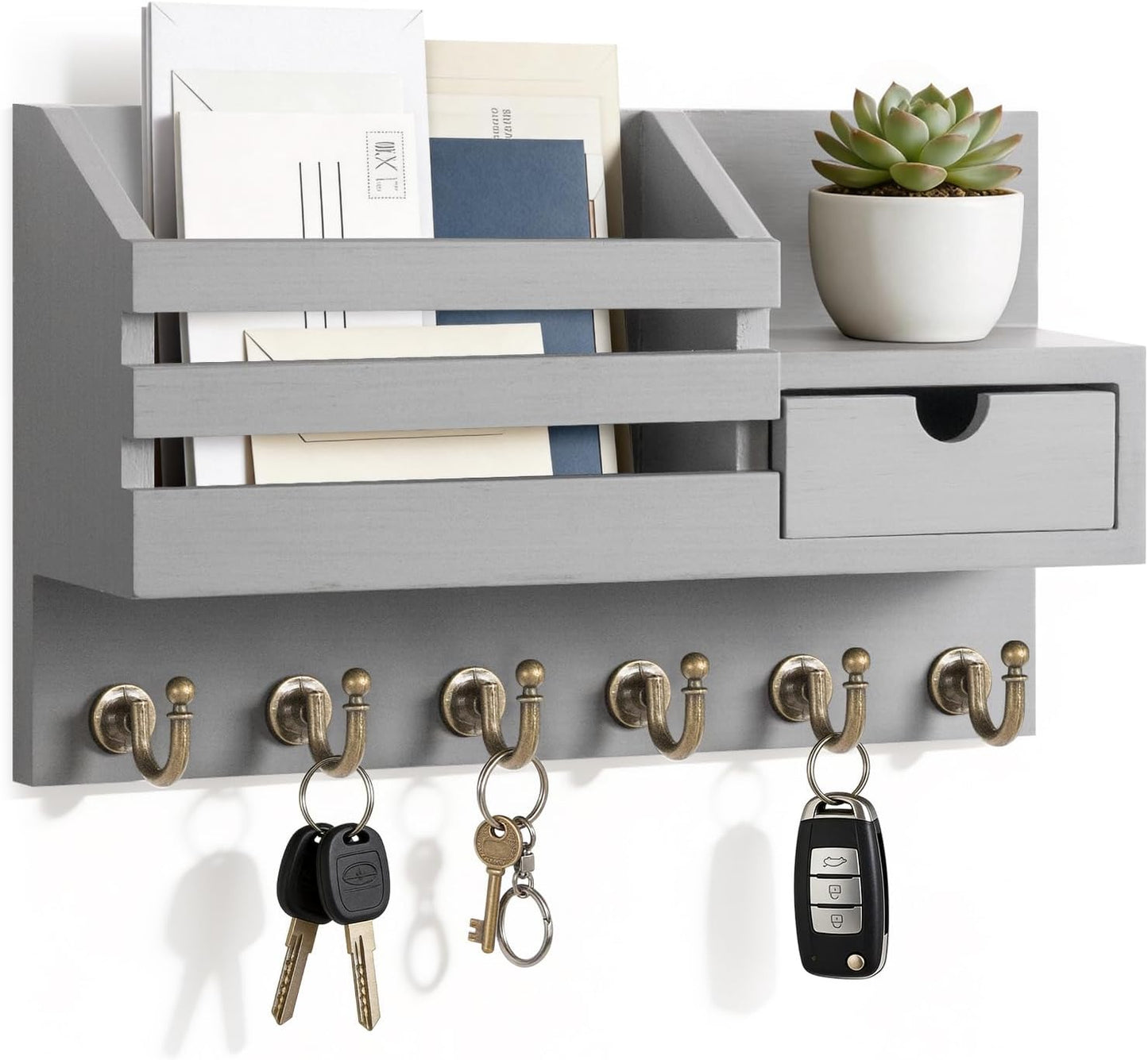 FifthQuarter Key Holder Wall Mount: Key and Mail Holder for Wall with 6 Hooks and Storage Drawer, Easy Installation Key Rack for Entryway Home Decor (A-White)
