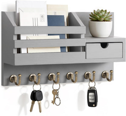 FifthQuarter Key Holder Wall Mount: Key and Mail Holder for Wall with 6 Hooks and Storage Drawer, Easy Installation Key Rack for Entryway Home Decor (A-White)