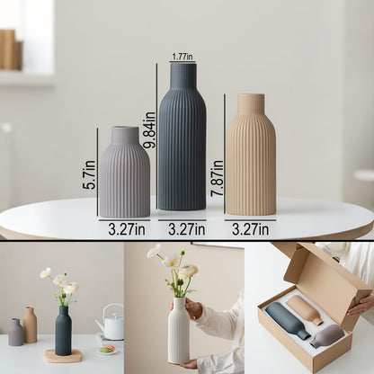 Modern Ceramic Vases Set of 3, Coffee Table Ribbed Decorative Vases, Shelf Table Centerpiece for Home Decor (Coffee Mix)