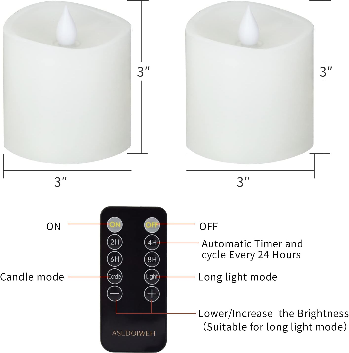 3x3 Flickering Flameless Candles Set of 2, 2AA Battery Life 600 Hours Battery Candles Flickering with Timer,3 inch Flameless Candles with Remote for Indoor/Outdoor, Ivory