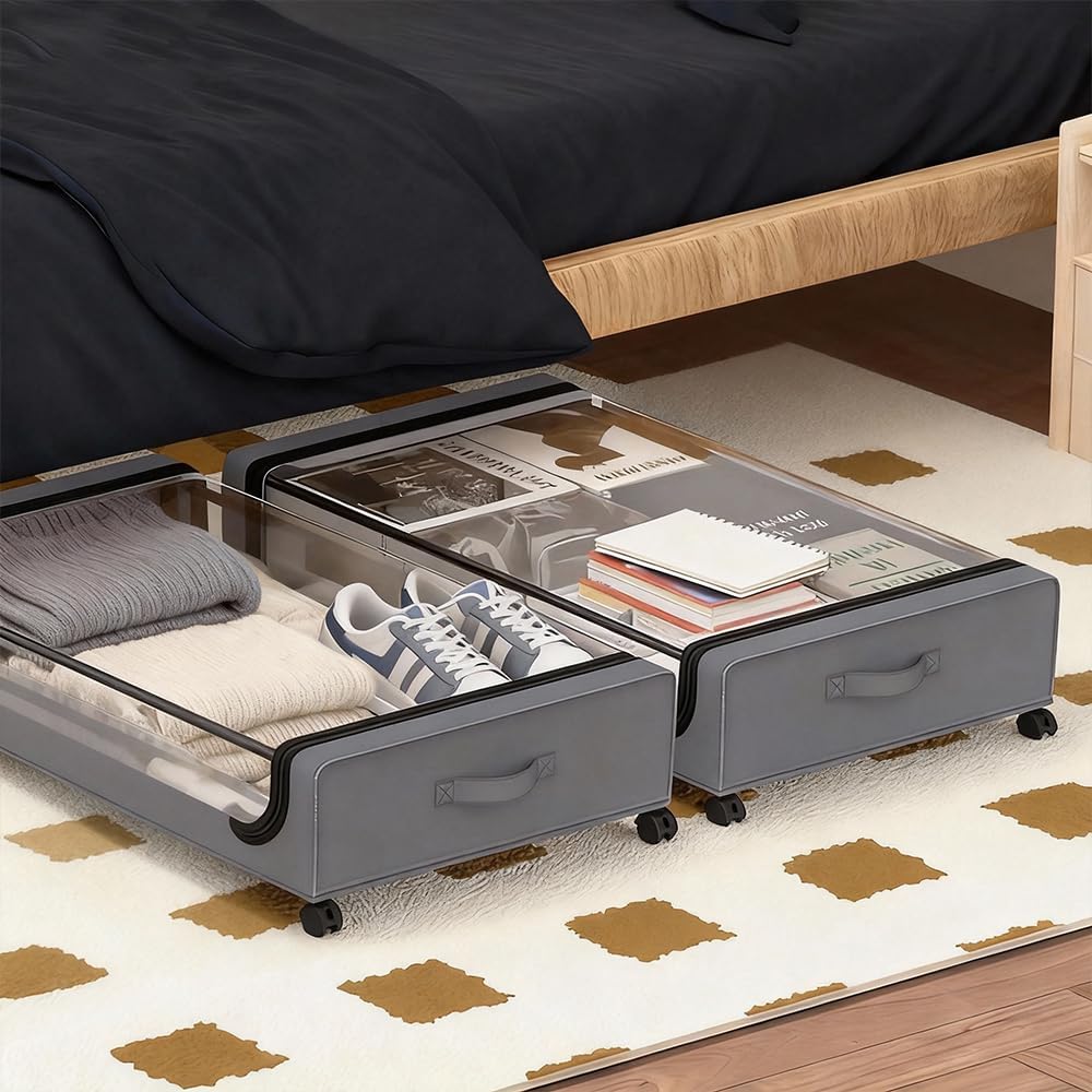 Under Bed Storage with Wheels, 2-Pack Under the Bed Storage Containers with Clear Lids & Label, Underbed Storage Bins, XXXL 85L 11 inches Rolling Metal Drawer for Clothes, Shoes, Toys, Books - Gray