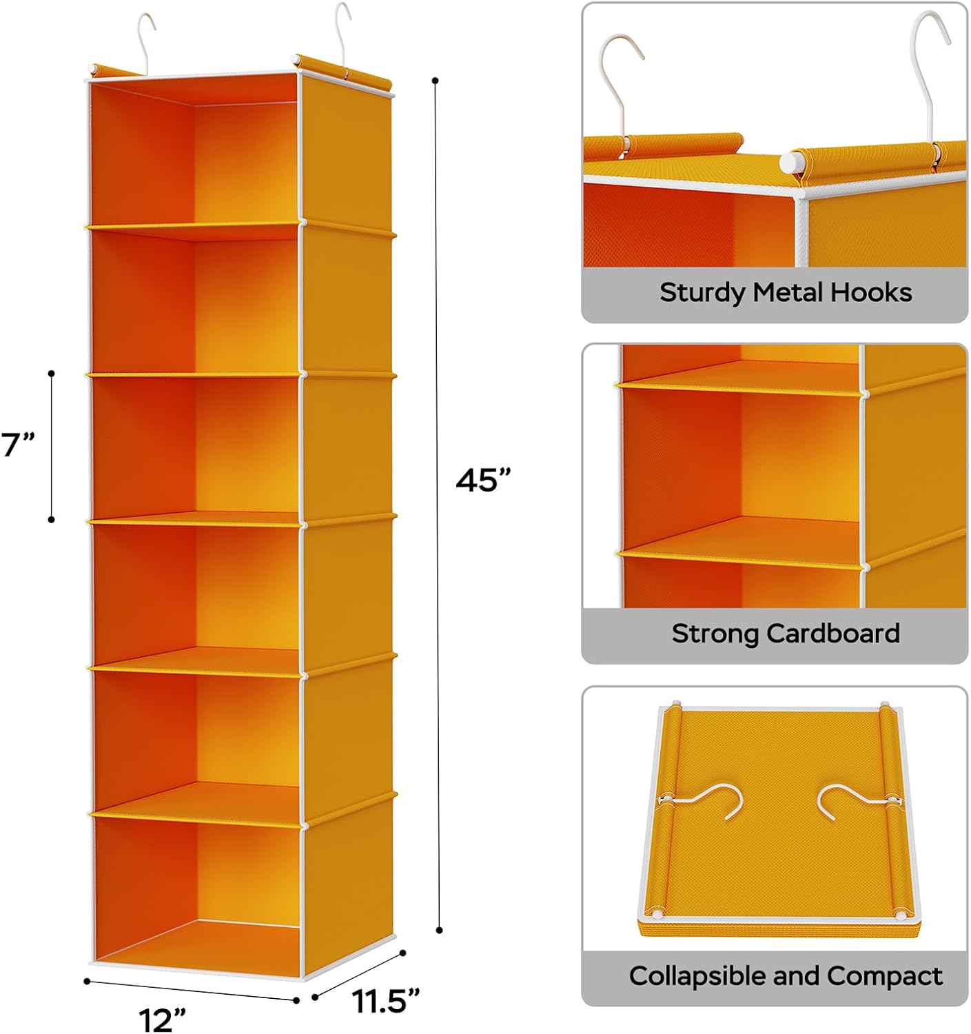 MAX Houser 6 Tier Shelf Hanging Closet Organizer, Closet Hanging Shelf with 2 Sturdy Hooks for Storage, Foldable (Grey)