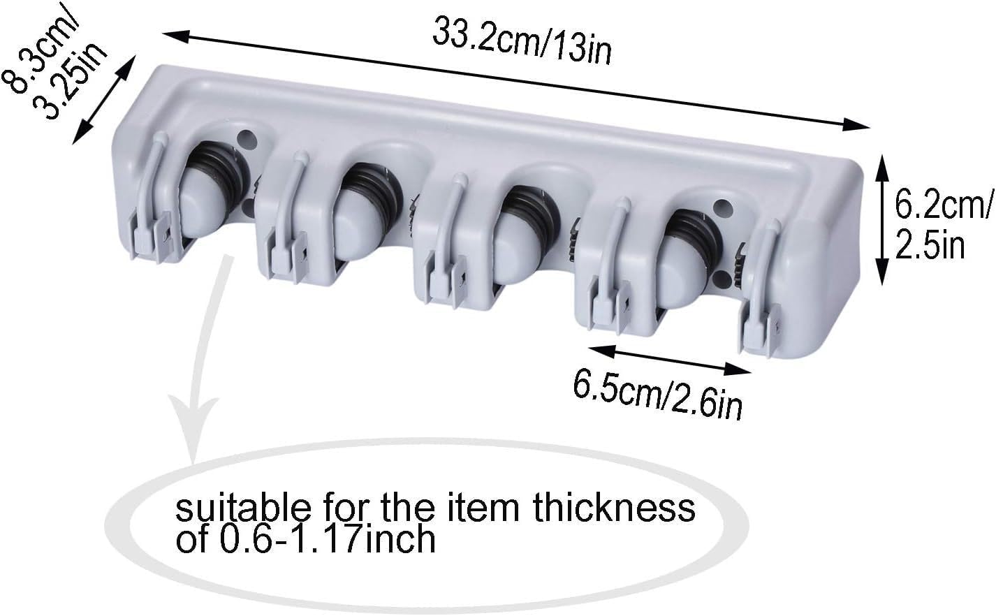 TOGU Mop and Broom Holder Wall Mounted 3 Position Storage Rack with 4 Retractable Hooks Holds up to 7 Tools Utility Weatherproof Holder for Garage Storage Systems Broom Organizer,Gray