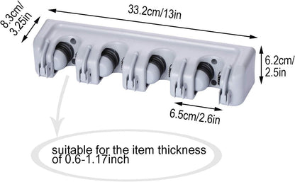 TOGU Mop and Broom Holder Wall Mounted 3 Position Storage Rack with 4 Retractable Hooks Holds up to 7 Tools Utility Weatherproof Holder for Garage Storage Systems Broom Organizer,Gray