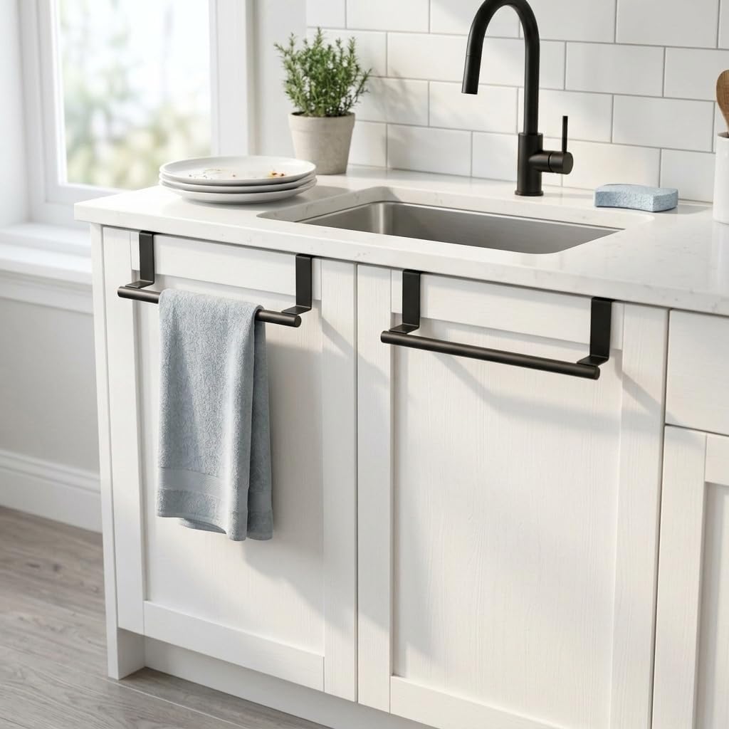 Cabinet Door Towel Bar, Kitchen Towel Holder, Matte Black 2 Pack | Extended Anti-Slip Arm, EVA Scratch Guard Pads, No-Drill Install, Stainless Steel Dish Towel Holder, Kitchen Towel Rack