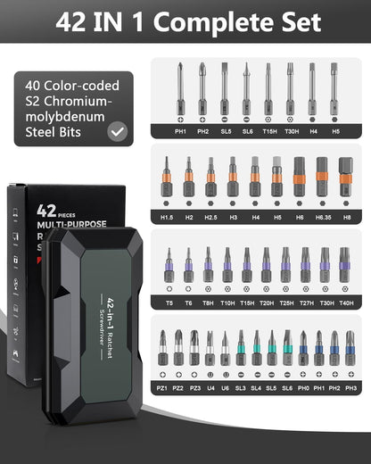 AMIR 42 in 1 Ratchet Screwdriver Set, Magnetic Screwdriver Set with 40 PCS Multi Bit, DIY Repair Tool Kit with Ratchet T Handle, Screw Driver Set Kit for Tools,Bicycle,Electronic Repair