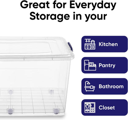 Superio Under Bed Storage Containers with Wheels (2 Pack), Flat Clear Storage Bin Stackable Large Storage Latch Box with Lids Store Cloths, Bedding, Linen, For Under The Bed, Garage, Home