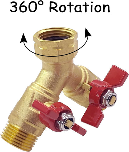 Uenede Brass Full Flow Garden Hose Splitter 3/4" GHT Heavy Duty 2 Way Y Valve Water Hose Shut Off Outdoor Faucet Splitter Connector Adapter with Long Handle