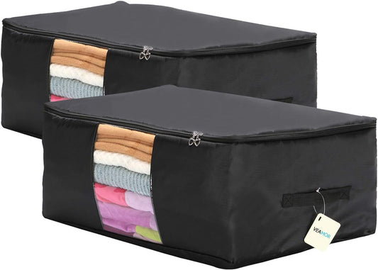 Comforter Storage Bags Pack of 2,Pillow Beddings/Blanket Clothes Organizer Storage Containers with Zippers,Breathable and Moistureproof(Black,2pcs)