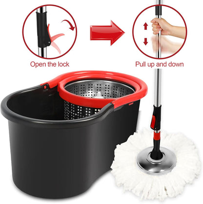 Spin Mop and Bucket with Wringer Set on Wheels, 360 Spinning Mop with Stainless Steel Handle for All Hard Surfaces, Floor Cleaning System with 3 Microfiber Replacement Heads, Black/Red