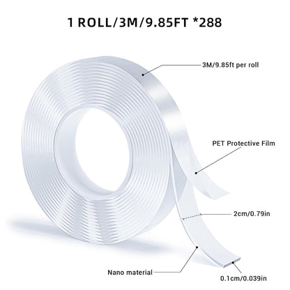 3 Rolls Double Sided Tape, Nano Tape, Transparent Adhesive Tape, Traceless Adhesive Tape, Removable, Washable, Reusable, Suitable for Carpets, Photo Walls, 9.85 Feet Per Roll