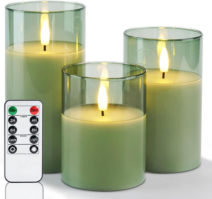 Amagic Clear Glass Flameless Candles Battery Operated with Timer, Remote Control, LED Pillar Candles, Battery Powered, Valentine's Day Decor, Pure White Wax, Set of 3
