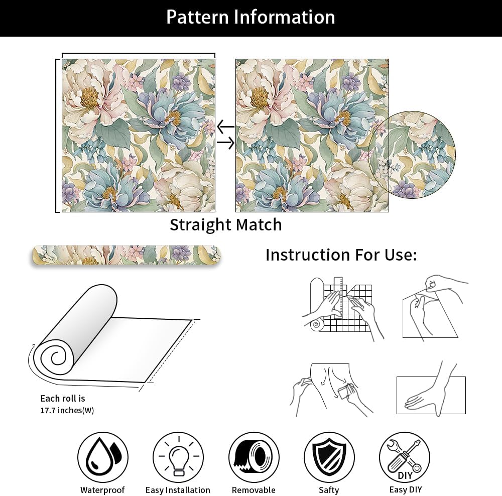 MuralPeel White Poppies Floral Modern Grey Peonies Flowers Peel and Stick Wallpaper Self Adhesive Removable Easy Peel Off Stick on Wall Paper for Bedroom Renter