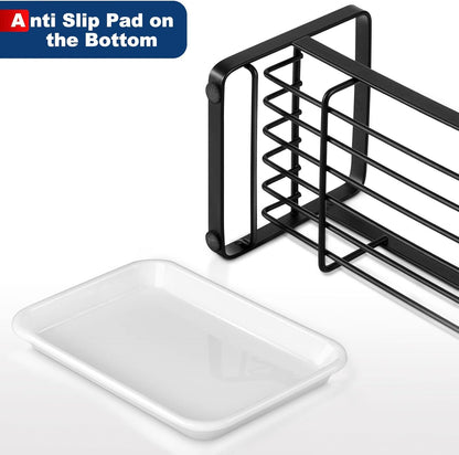 HULISEN Kitchen Sink Sponge Holder, 304 Stainless Steel Kitchen Soap Dispenser Caddy Organizer, Countertop Soap Dish Rack Drainer with Removable Drain Tray, not Including Dispenser and Brush